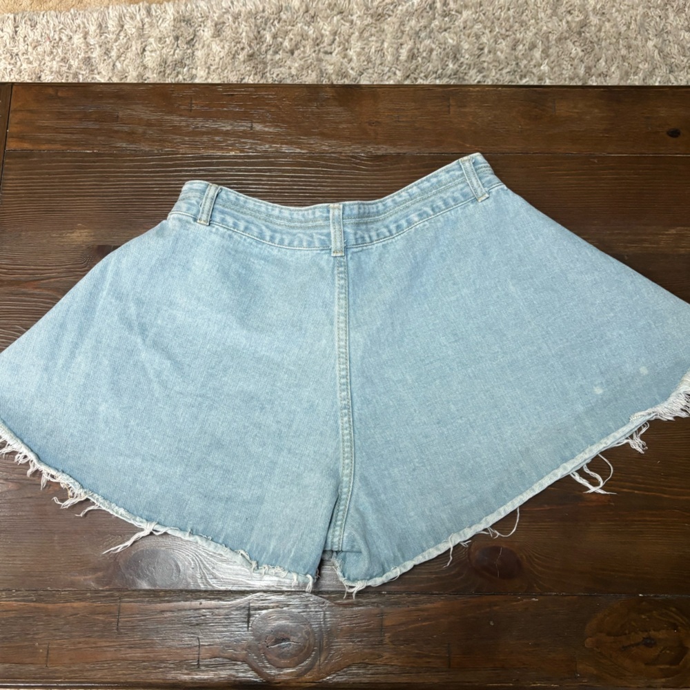 BLUE DENIM MINI HIGH RISE FLARED WIDE LEG FRAYED RAW HEM SHORTS SIZE XL - Picture 3 of 9